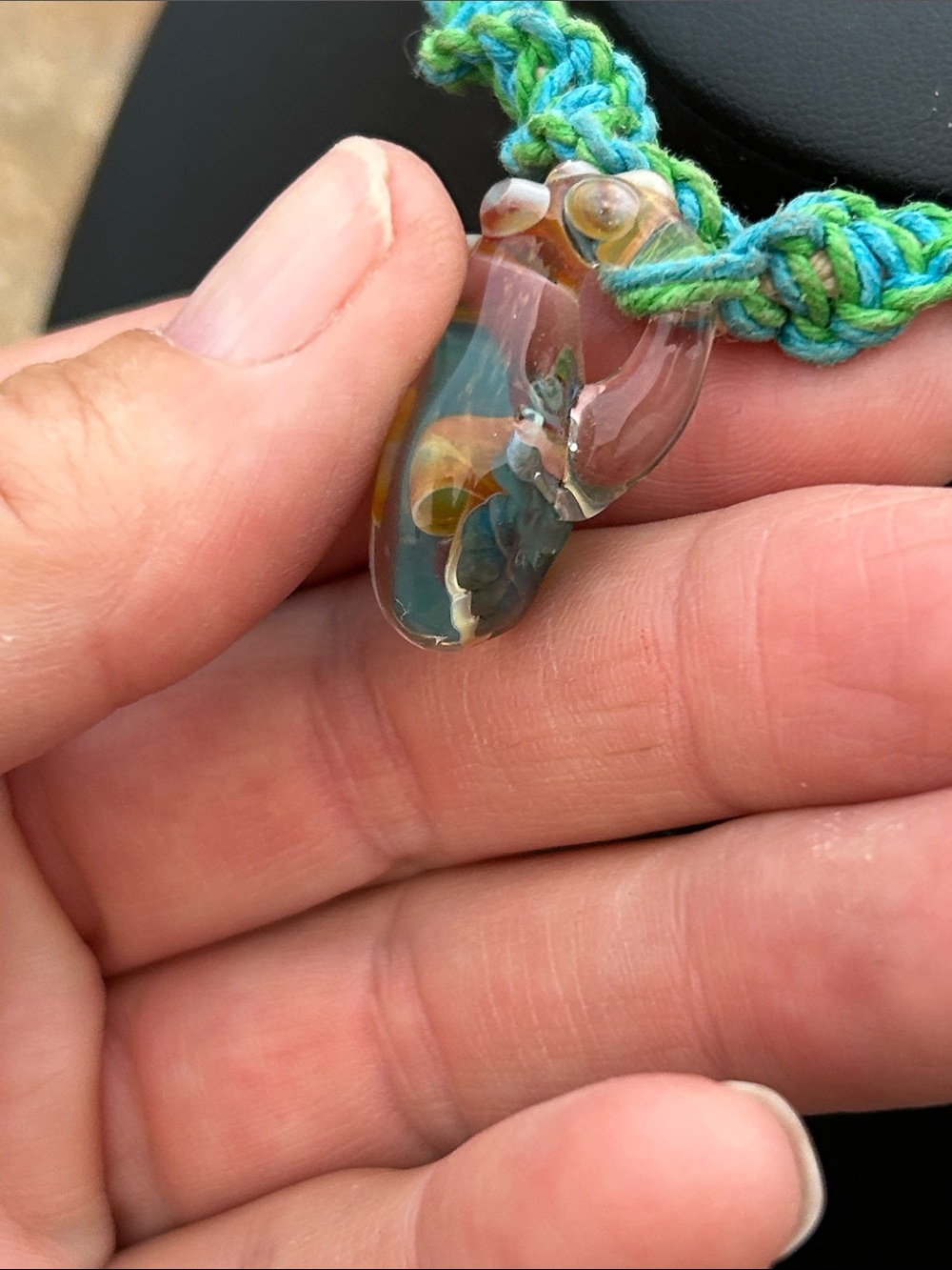 Blue Hemp Necklace, Glass Mushroom Handblown Pendant, Boho Choker - Picture 5 of 10